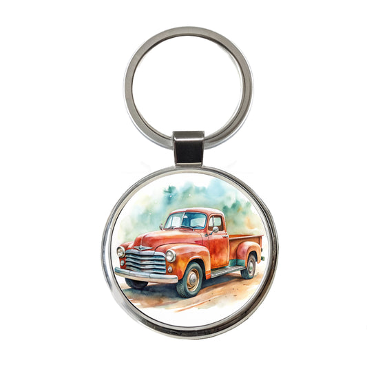 Classic Retro Vintage Pickup Truck Watercolor Round Metal Keychain