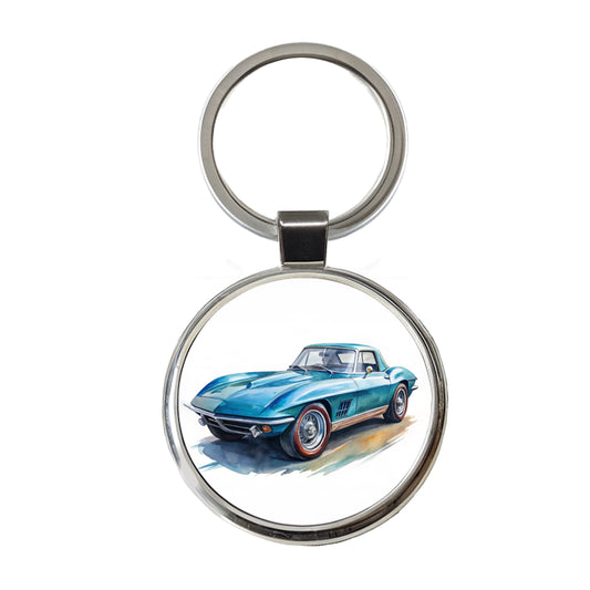 Classic Vintage Blue Sports Car Watercolor Round Metal Keychain