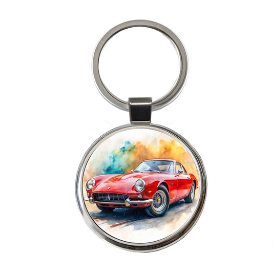 Classic Vintage Red Italian Sports Car Watercolor Round Metal Keychain