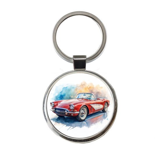 Classic Vintage Red White Sports Car Watercolor Round Metal Keychain