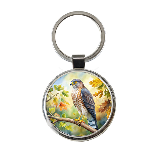 Cooper's Hawk Raptor Bird Of Prey In Tree Watercolor Round Metal Keychain