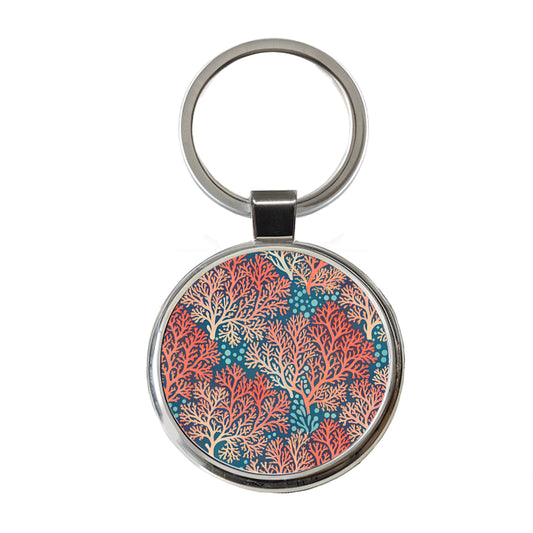 Coral Pattern Reef Ocean Round Metal Keychain