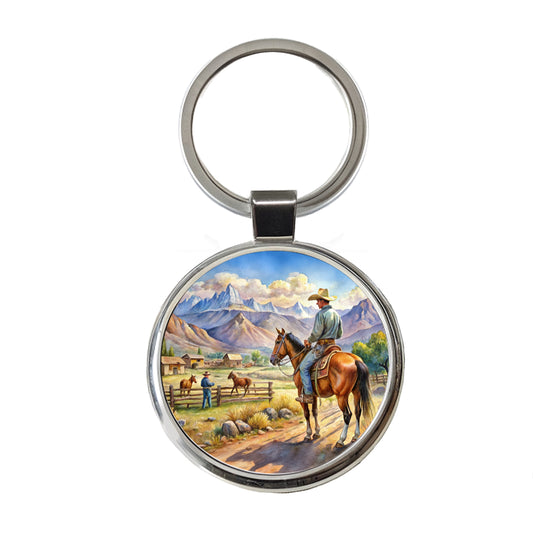 Cowboys Western Ranch Scene Watercolor Round Metal Keychain