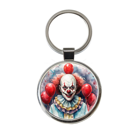 Creepy Scary Evil Clown With Red Balloons Watercolor Round Metal Keychain