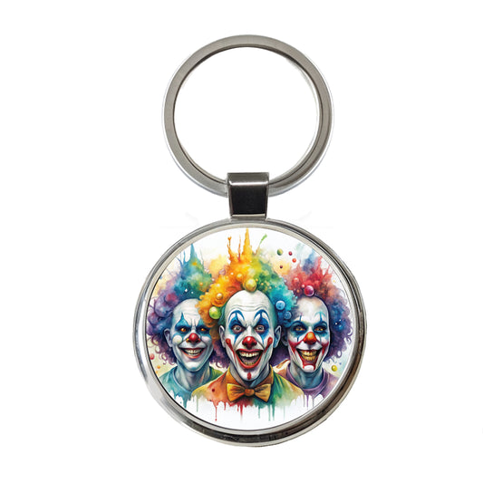 Creepy Scary Evil Killer Clowns Watercolor Round Metal Keychain