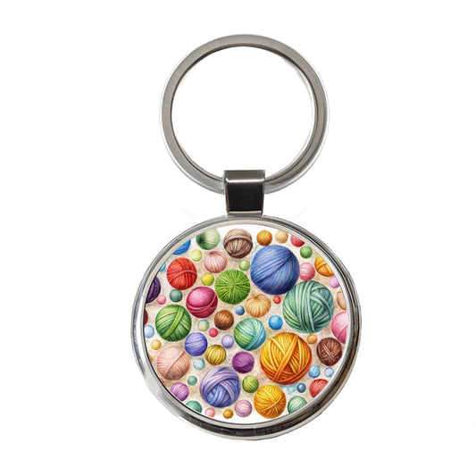 Crocheting Knitting Colorful Yarn Balls Round Metal Keychain