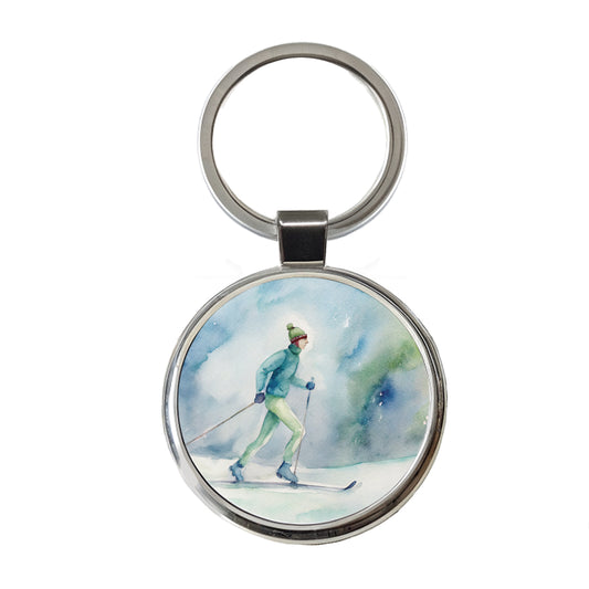 Cross Country Skiing Watercolor Round Metal Keychain
