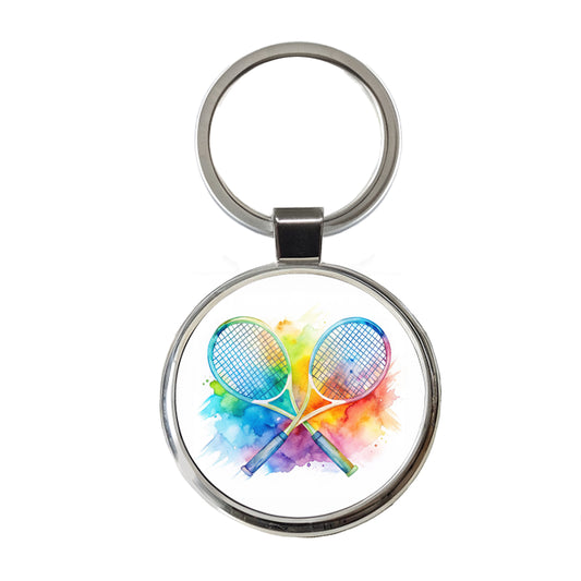 Crossed Tennis Rackets Watercolor Round Metal Keychain