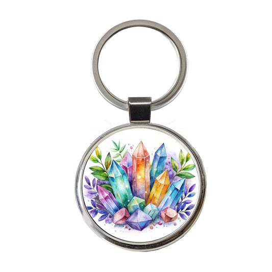 Crystal Geodes Mystical Healing Protection Watercolor Round Metal Keychain