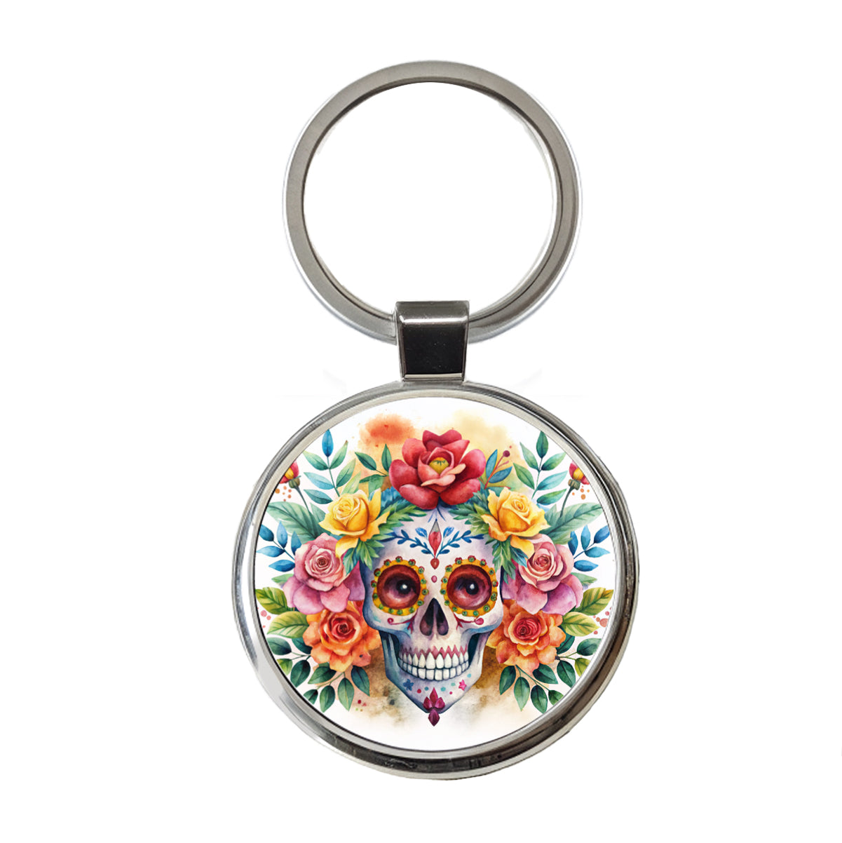 Day Of The Dead Día De Muertos Theme Watercolor Round Metal Keychain