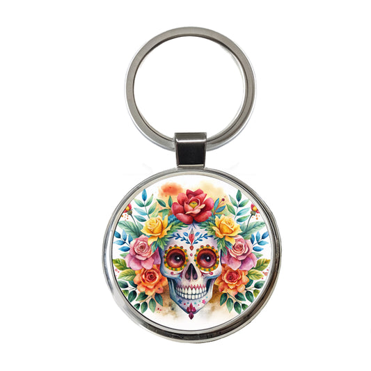 Day Of The Dead Día De Muertos Theme Watercolor Round Metal Keychain