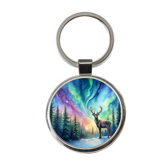 Deer And Northern Lights Watercolor Round Metal Keychain