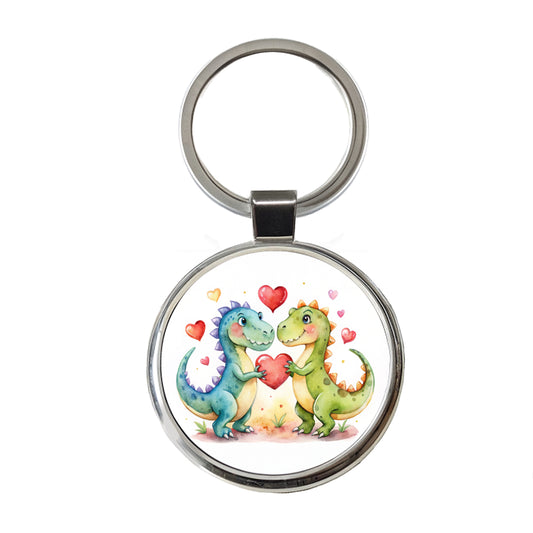 Dinosaurs In Love With Hearts Valentine's Day Round Metal Keychain