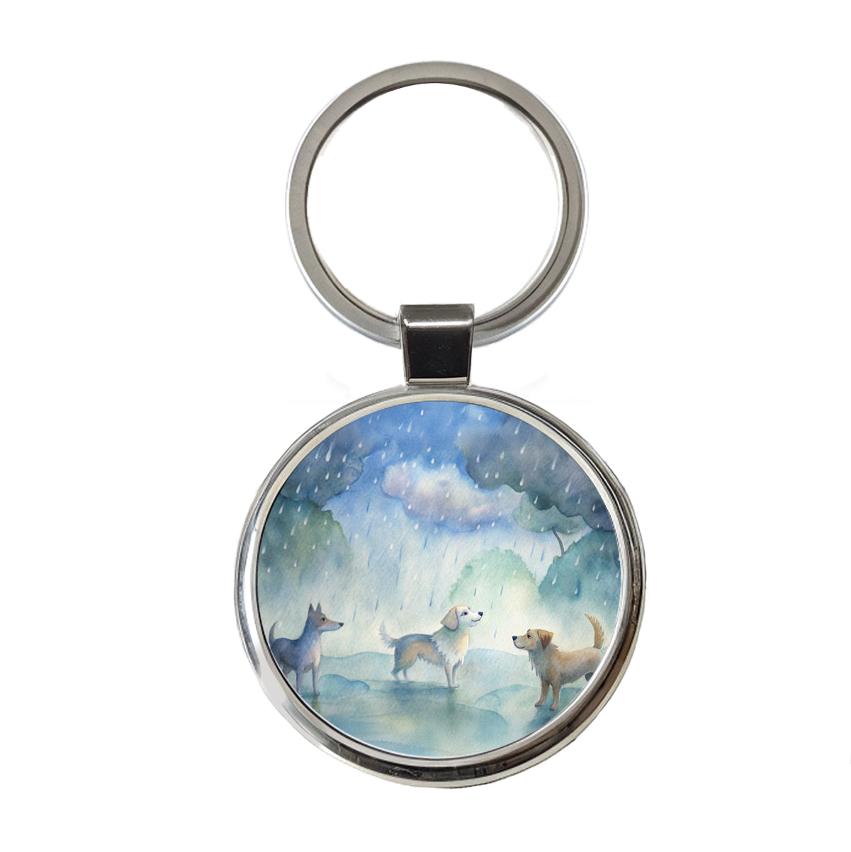 Dogs In The Rain Watercolor Round Metal Keychain