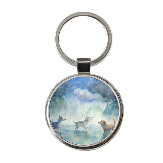 Dogs In The Rain Watercolor Round Metal Keychain