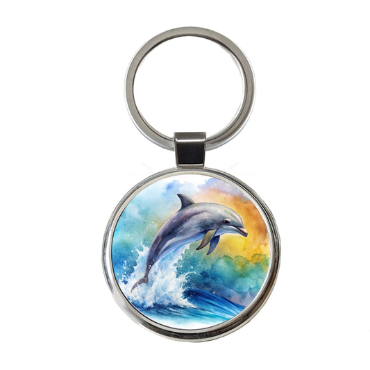 Dolphin Jumping In Ocean Watercolor Round Metal Keychain