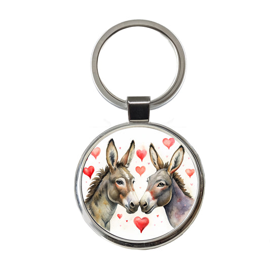 Donkeys In Love With Hearts Valentine's Day Round Metal Keychain