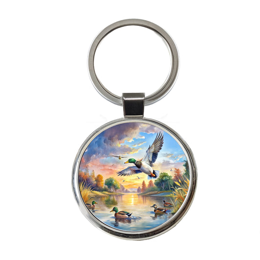 Ducks Flying At Sunrise Hunting Watercolor Round Metal Keychain
