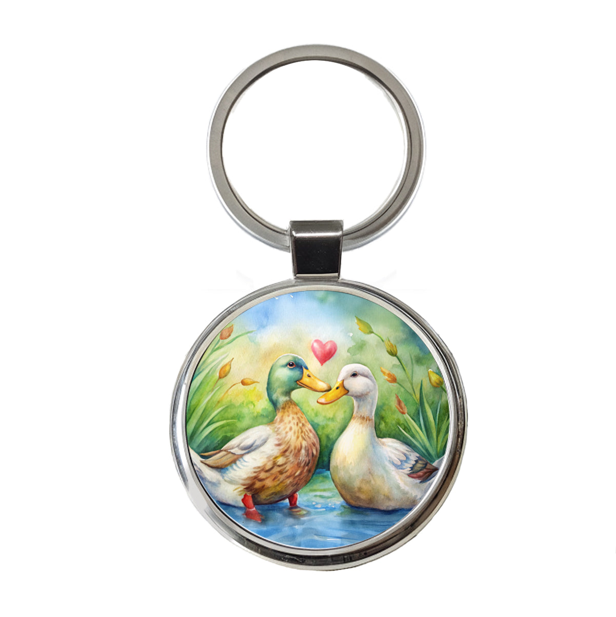 Ducks In Love Heart Valentine's Day Round Metal Keychain
