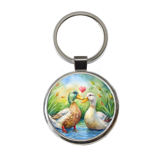 Ducks In Love Heart Valentine's Day Round Metal Keychain
