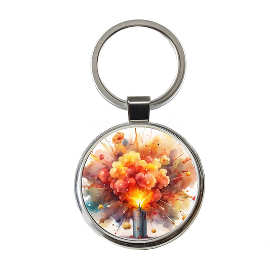 Dynamite Exploding Explosion Watercolor Round Metal Keychain