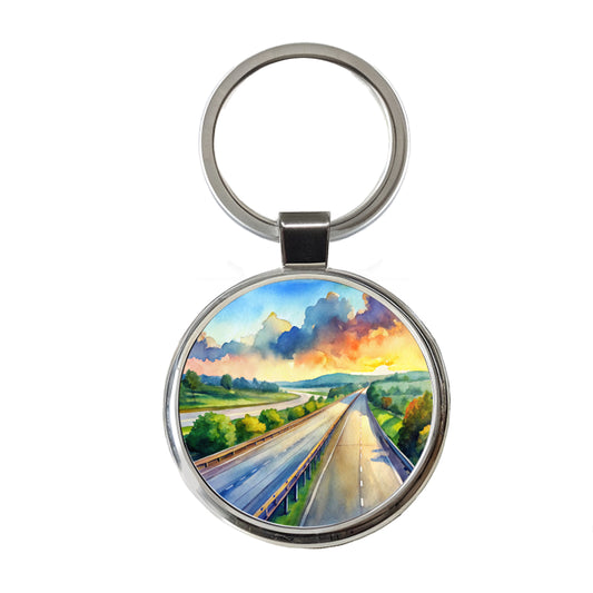 Empty Highway Stretching Into The Distance Watercolor Round Metal Keychain