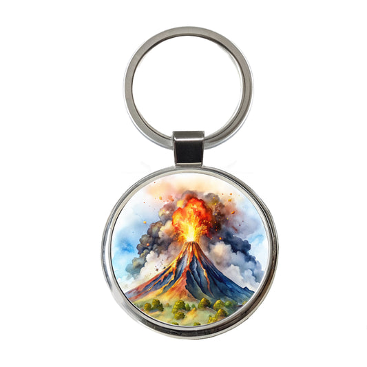 Erupting Volcano Watercolor Round Metal Keychain
