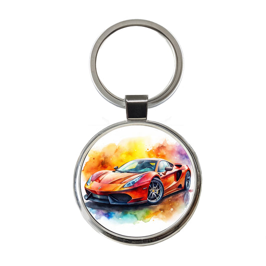 Exotic Supercar Sports Car Watercolor Round Metal Keychain