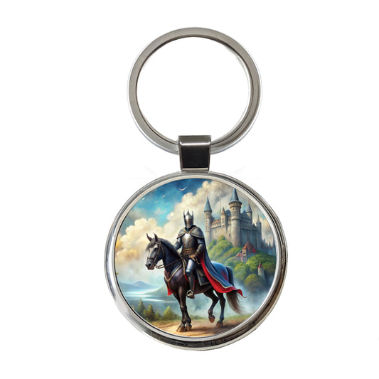 Fantasy Black Knight Astride Horse Outside Castle Watercolor Round Metal Keychain