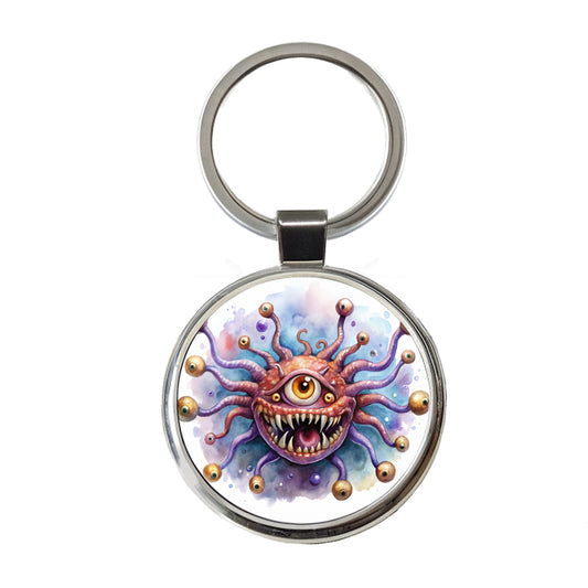 Fantasy Creature Monster Beholder Watercolor Round Metal Keychain