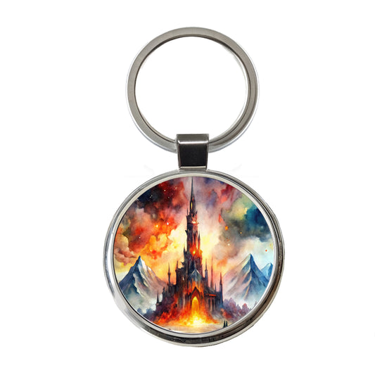 Fantasy Evil Dark Castle Watercolor Round Metal Keychain