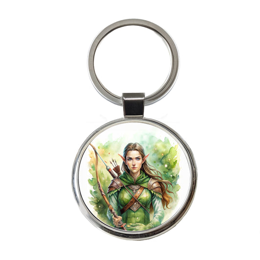 Fantasy Female Elven Ranger Watercolor Round Metal Keychain