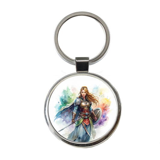 Fantasy Female Fighter Sword Shield-maiden Watercolor Round Metal Keychain