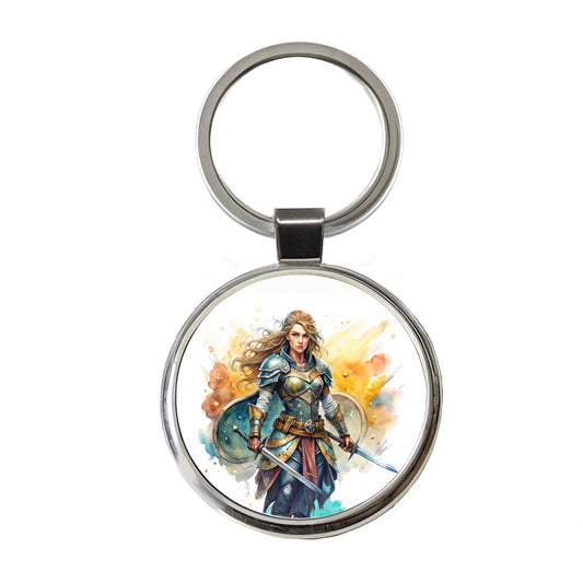 Fantasy Female Fighter Warrior Shield-maiden Watercolor Round Metal Keychain