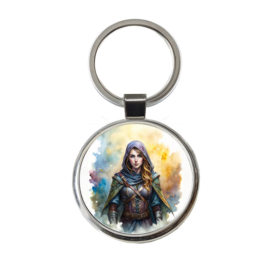 Fantasy Female Thief Rogue Watercolor Round Metal Keychain