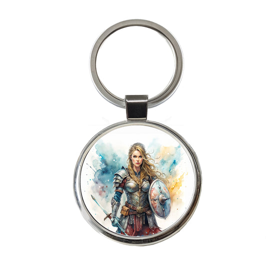 Fantasy Female Warrior Knight Watercolor Round Metal Keychain