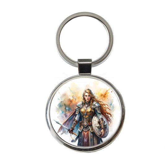 Fantasy Female Warrior Paladin Watercolor Round Metal Keychain