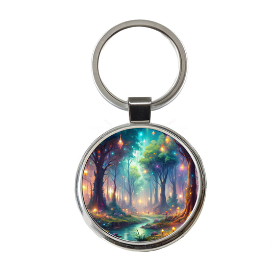 Fantasy Forest With Glowing Sprites Fae Spirits Watercolor Round Metal Keychain