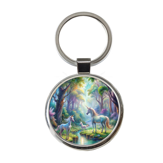 Fantasy Forest With Magical Unicorns Watercolor Round Metal Keychain