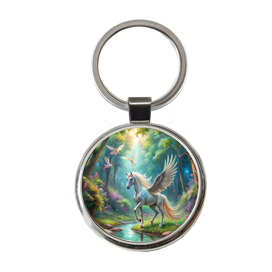 Fantasy Forest With Pegasus Winged-stallion Watercolor Round Metal Keychain