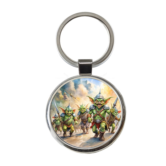 Fantasy Goblins Monsters Going To War Watercolor Round Metal Keychain