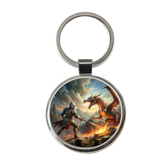 Fantasy Knight Fighting A Fire-breathing Dragon Round Metal Keychain