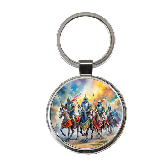 Fantasy Knights Riding To War Watercolor Round Metal Keychain