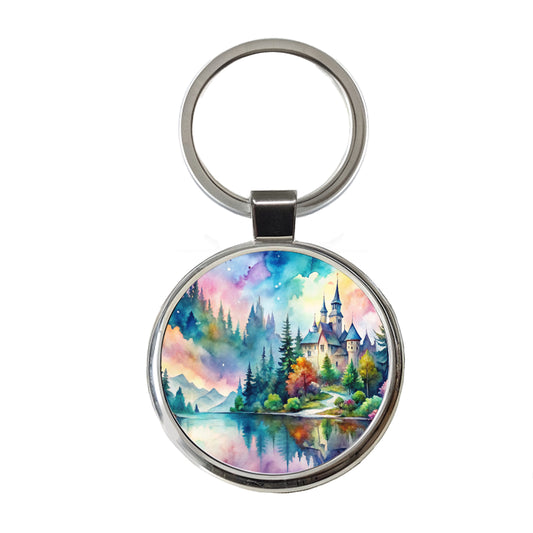 Fantasy Lake And Castle Scene Watercolor Round Metal Keychain