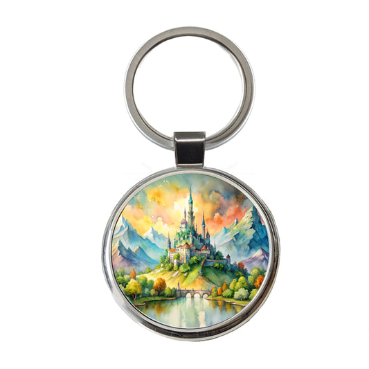 Fantasy Magical Castle On A Hill Watercolor Round Metal Keychain
