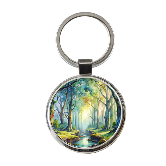 Fantasy Misty Forest Stream And Trees Watercolor Round Metal Keychain