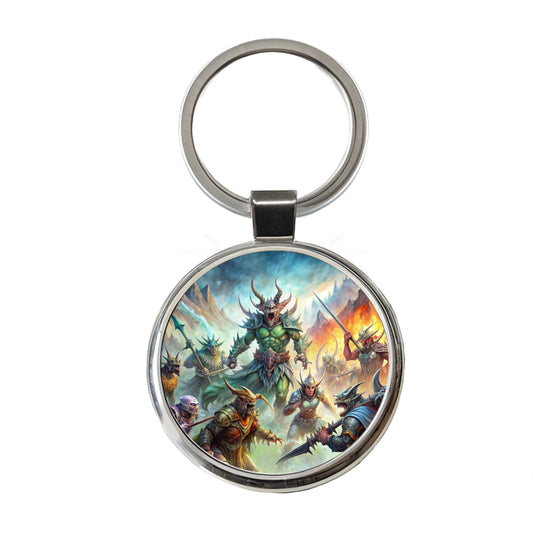 Fantasy Monsters In Battle Watercolor Round Metal Keychain