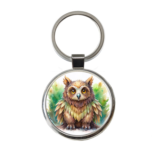 Fantasy Owl Bear Owlbear Green Background Watercolor Round Metal Keychain