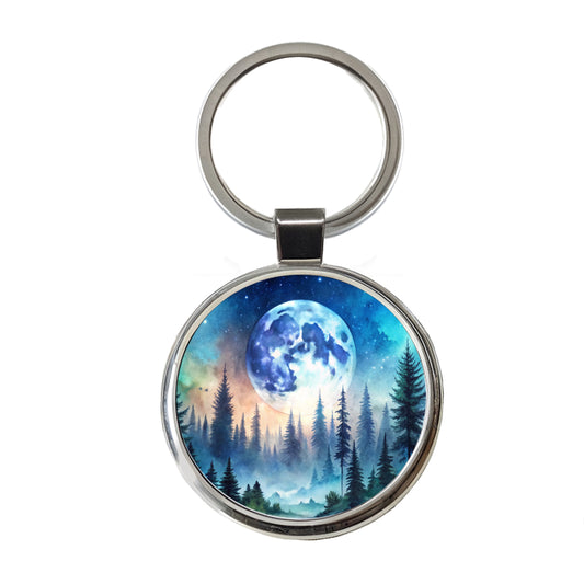 Fantasy Sci-fi World Moon Rising Over Forest Round Metal Keychain