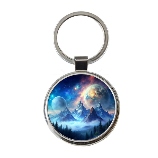 Fantasy Sci-fi World Moons Rising Over Mountains Watercolor Round Metal Keychain